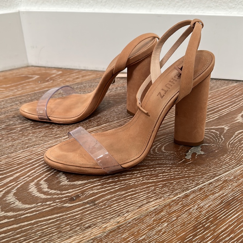 Schutz Camel Sandal Clear Strap Wraparound size 7
